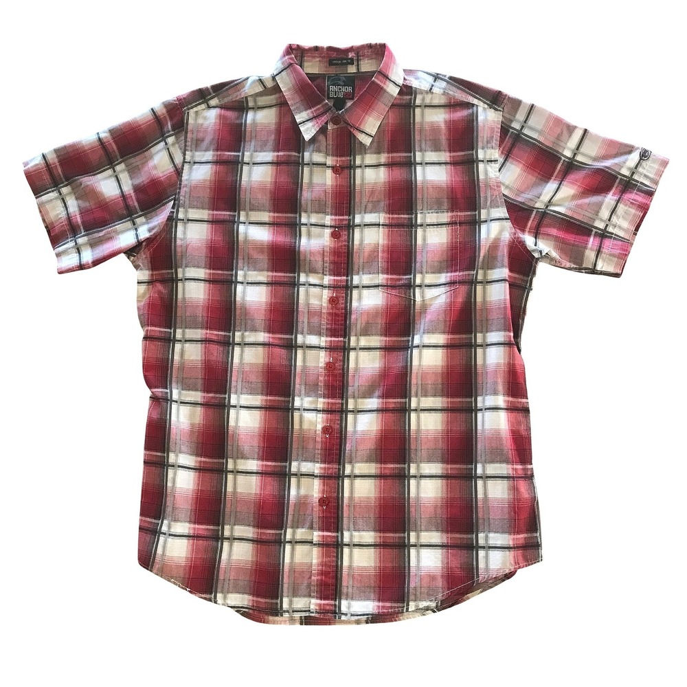 Anchor Blue Mens XL Vintage Slim Fit Plaid Short Sleeve Button Down Shirt Red